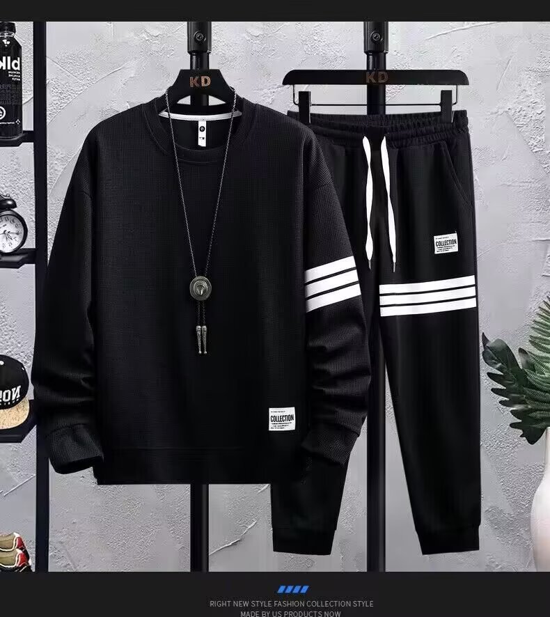 Clothing men's casual sports suit autumn new striped splicing two-piece set round neck sweatshirt loose jacket Clothing men's casual sports suit autumn new striped splicing two-piece set round neck sweatshirt loose jacket