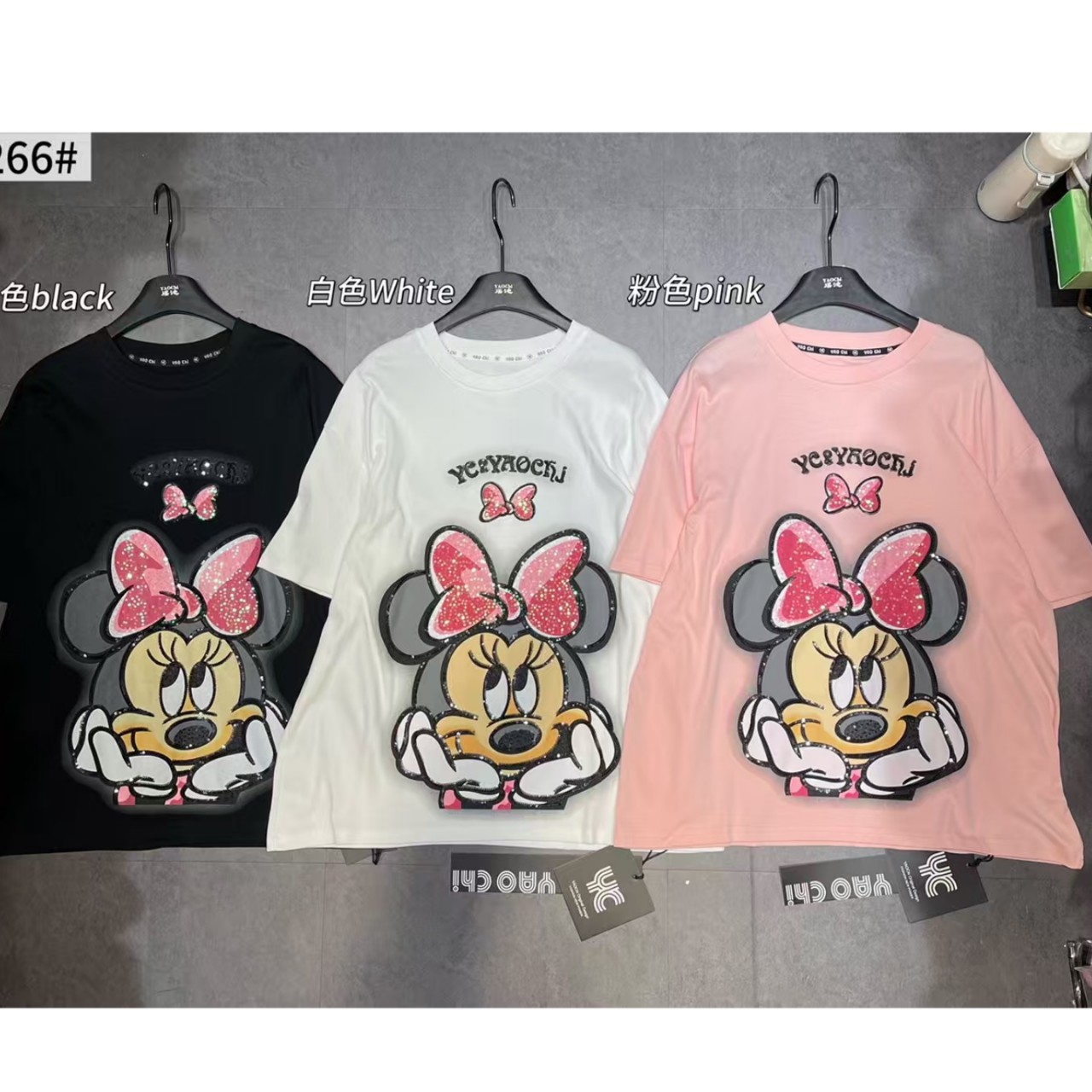 2025 Summer New Heavy Industry Cartoon Minnie Round Neck Short Sleeve T-shirt for Women, Loose Medium to Long Casual Half Sleeve Top