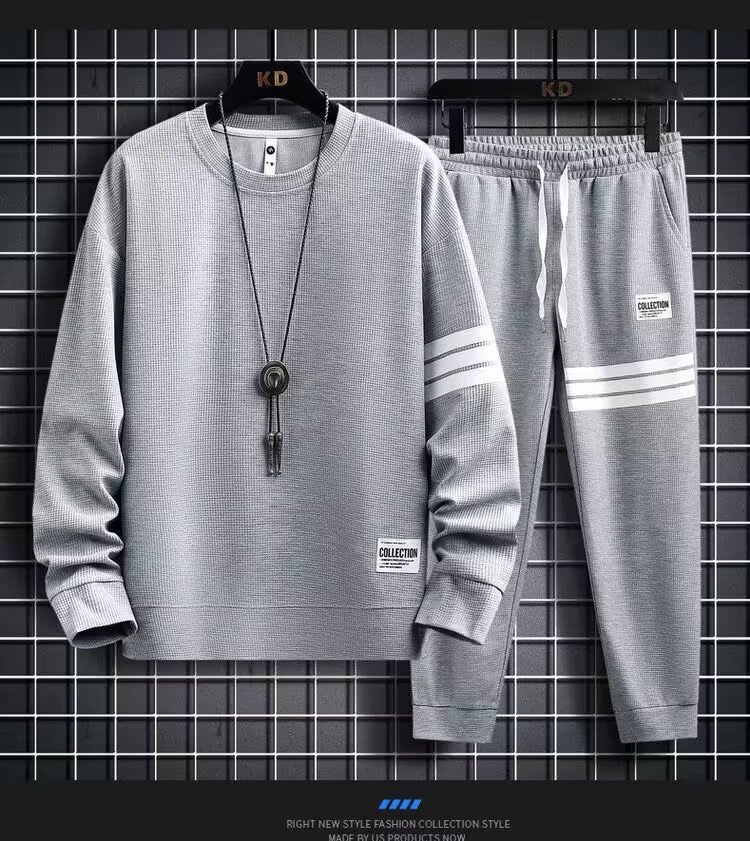 Clothing men's casual sports suit autumn new striped splicing two-piece set round neck sweatshirt loose jacket Clothing men's casual sports suit autumn new striped splicing two-piece set round neck sweatshirt loose jacket