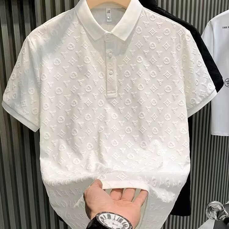Fashionable light luxury jacquard casual polo shirt breathable youth slim fit lapel short sleeved summer style comfortable men