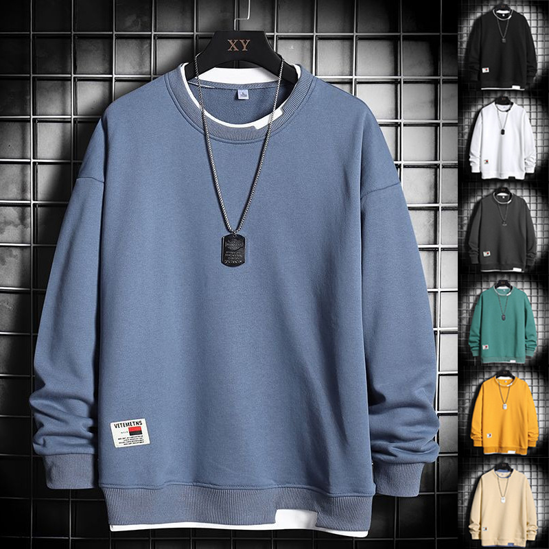 Sweatshirt for boys in autumn and winter, new trendy ins trend, hooded round neck pullover, long sleeved t-shirt, fake two piece loose top
