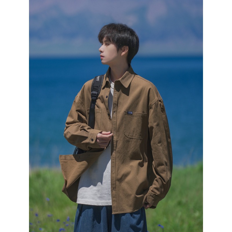 Japanese black workwear loose long sleeved shirt jacket men's jacket spring and autumn style shirt retro versatile Japanese black workwear loose long sleeved shirt jacket men's jacket spring and autumn style shirt retro versatile