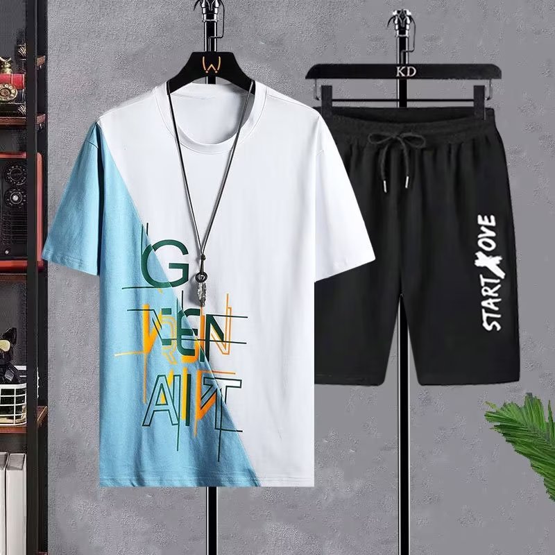 Summer casual sports suit men's ice silk short sleeved T-shirt shorts set, men's fashion two-piece outfit