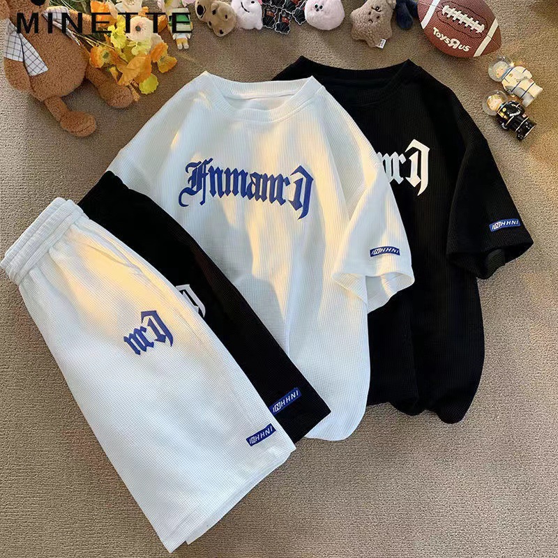 Waffle casual suit men's summer ice silk short sleeved T-shirt men's set, paired with cool sportswear wholesale