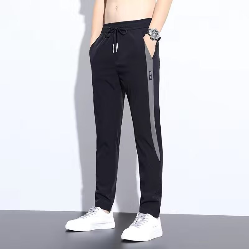 Men's loose elastic straight leg casual pants, ice silk style, slim fit, trendy men's pants, men's sports pants
