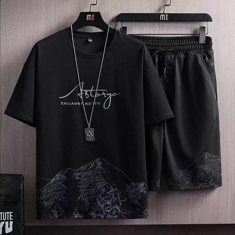 Printed summer trendy short sleeved T-shirt set for men's sports two-piece set, summer T-shirt quick drying loose basketball Printed summer trendy short sleeved T-shirt set for men's sports two-piece set, summer T-shirt quick drying loose basketball