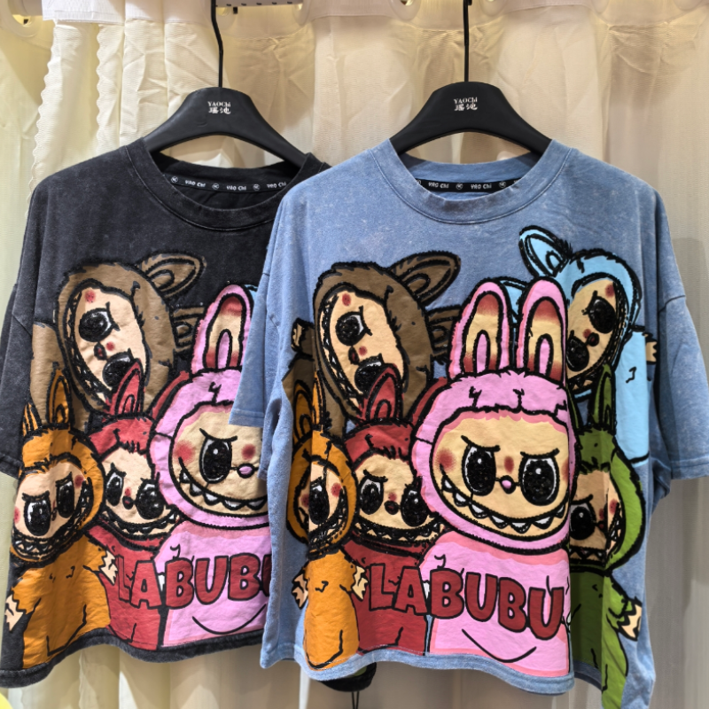 2025 Spring/Summer New Sweet Age Reducing Washed Cartoon Labubu Small Loose Casual Short Sleeve T-shirt for Women's Trendy 2025 Spring/Summer New Sweet Age Reducing Washed Cartoon Labubu Small Loose Casual Short Sleeve T-shirt for Women's Trendy