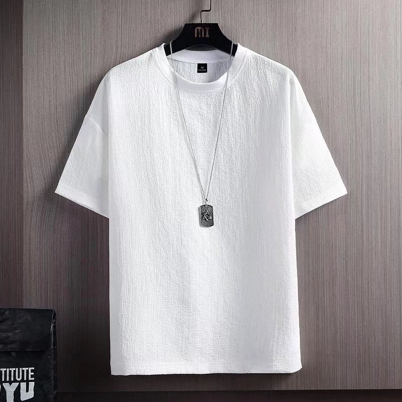 Ice silk short sleeved t-shirt men's summer t-shirt cotton linen solid color loose base shirt white five quarter sleeve cross-border exclusive