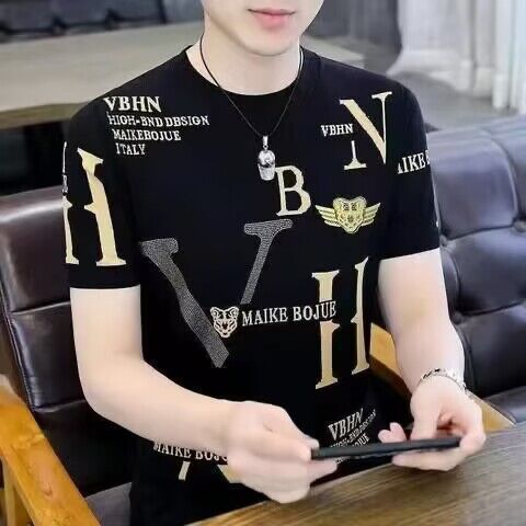 Ice silk knitted short sleeved T-shirt for men in summer, thin design, trendy letter jacquard, ice feeling, youth men's clothing, T-shirt on top