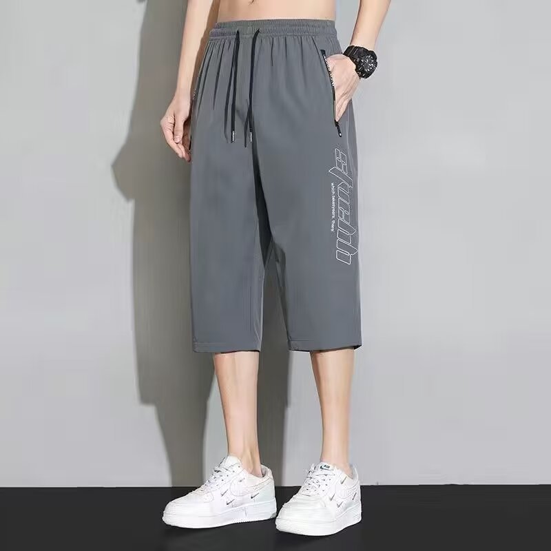 Men's cropped summer ice silk ultra-thin trendy loose straight leg sports pants versatile over the knee