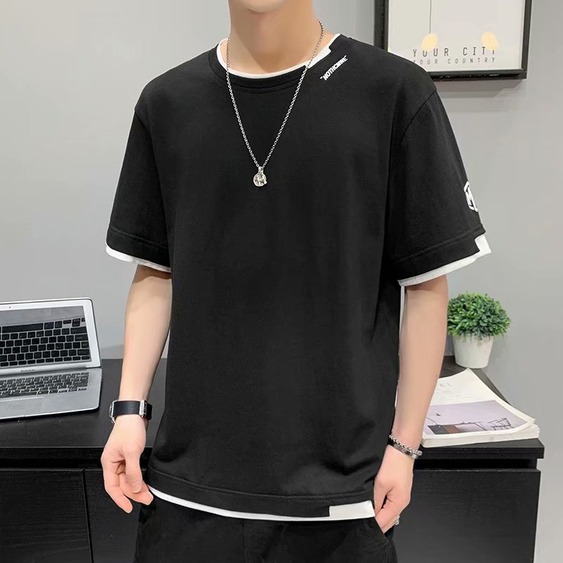 Short sleeved T-shirt men's clothing summer 2022 half sleeved fake two-piece top summer loose fit T-shirt geometric print Short sleeved T-shirt men's clothing summer 2022 half sleeved fake two-piece top summer loose fit T-shirt geometric print