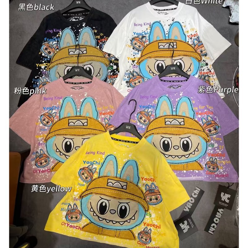 2025 Top selling Labubu Small and Skinny T Couple Cute Male and Female Heavy Industry Extra Large Bead Embroidered Short Sleeve