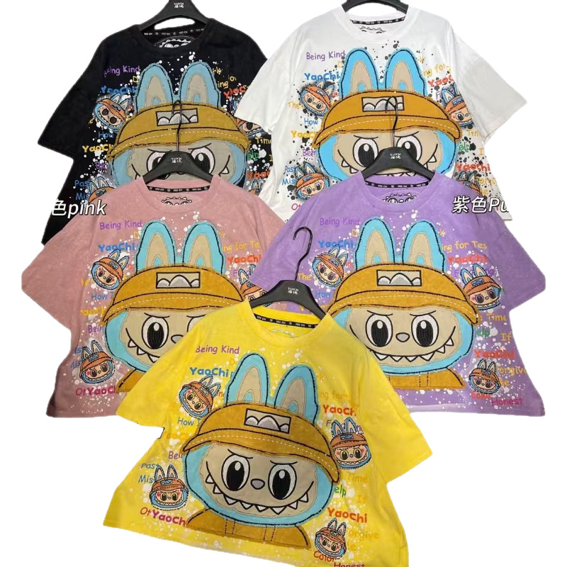 2025 Top selling Labubu Small and Skinny T Couple Cute Male and Female Heavy Industry Extra Large Bead Embroidered Short Sleeve 2025 Top selling Labubu Small and Skinny T Couple Cute Male and Female Heavy Industry Extra Large Bead Embroidered Short Sleeve