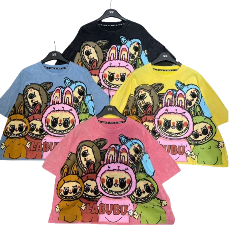 2025 Spring/Summer New Sweet Age Reducing Washed Cartoon Labubu Small Loose Casual Short Sleeve T-shirt for Women's Trendy 2025 Spring/Summer New Sweet Age Reducing Washed Cartoon Labubu Small Loose Casual Short Sleeve T-shirt for Women's Trendy