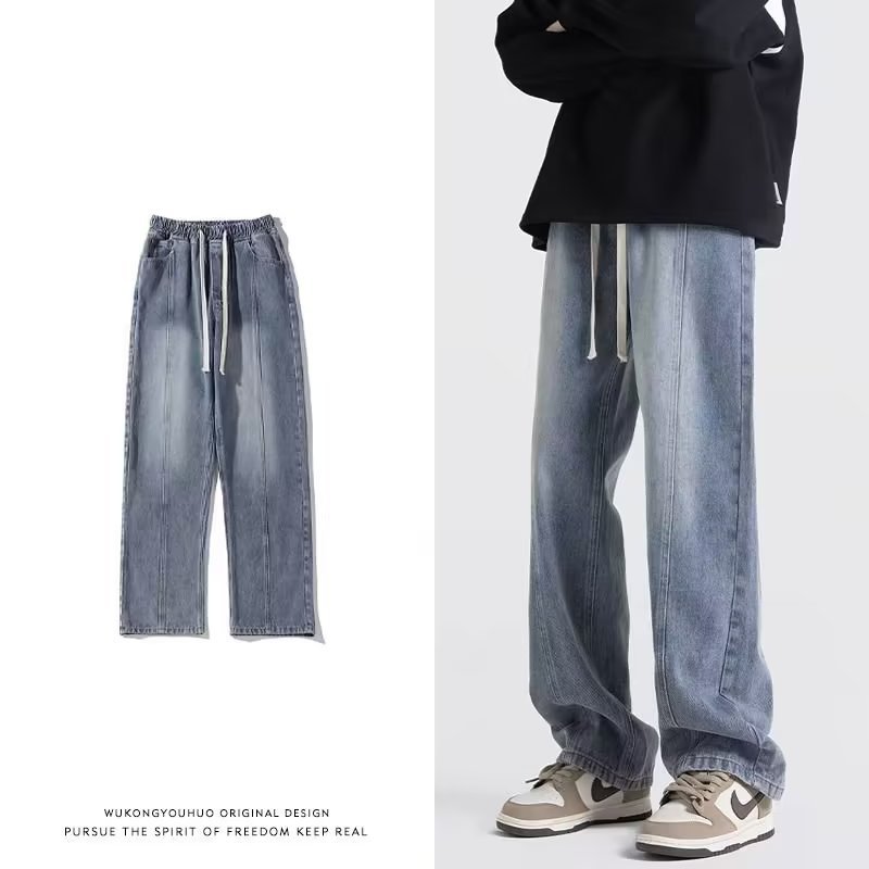 Clothing: Straight leg jeans, men's summer new style, spliced, washed, vintage blue hemp rope, floor length pants