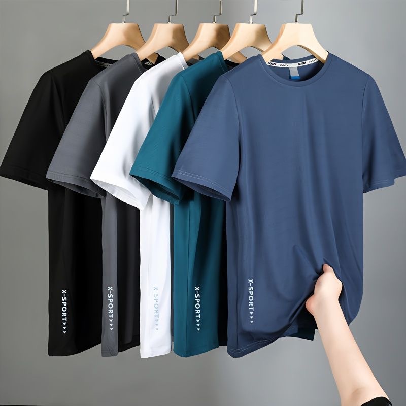 High elasticity ice silk quick drying short sleeved summer running sports thin design breathable round neck moisture wicking men's t