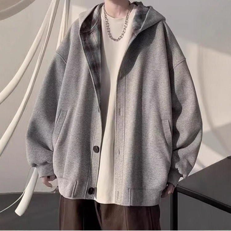 Cardigan hoodie men's autumn fashion brand hooded loose solid color top Hong Kong style trendy versatile Harajuku style handsome jacket