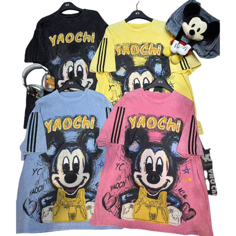 New Heavy Industry Cartoon Donald Duck Design Sense Round Neck Washed Water Aged Short Sleeve T-shirt for Women, Loose and Versatile Top Trendy New Heavy Industry Cartoon Donald Duck Design Sense Round Neck Washed Water Aged Short Sleeve T-shirt for Women, Loose and Versatile Top Trendy