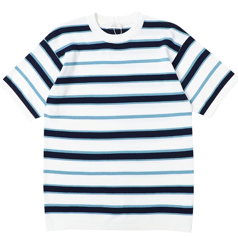 Striped Knitted Shirt Men's Trendy Versatile Casual Short Sleeve T-shirt Men's Round Neck Half Sleeve T-shirt Base Shirt T Striped Knitted Shirt Men's Trendy Versatile Casual Short Sleeve T-shirt Men's Round Neck Half Sleeve T-shirt Base Shirt T