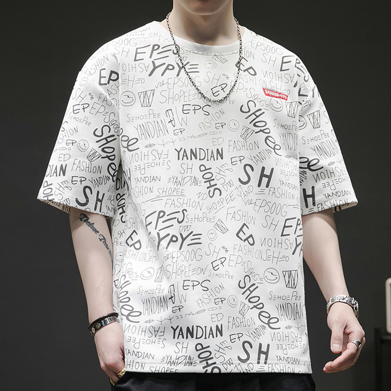 Men's Short Sleeve T-shirt Summer Japanese Trendy Loose Full Letter T-shirt Ice Silk Thin Half Sleeve Men's Top