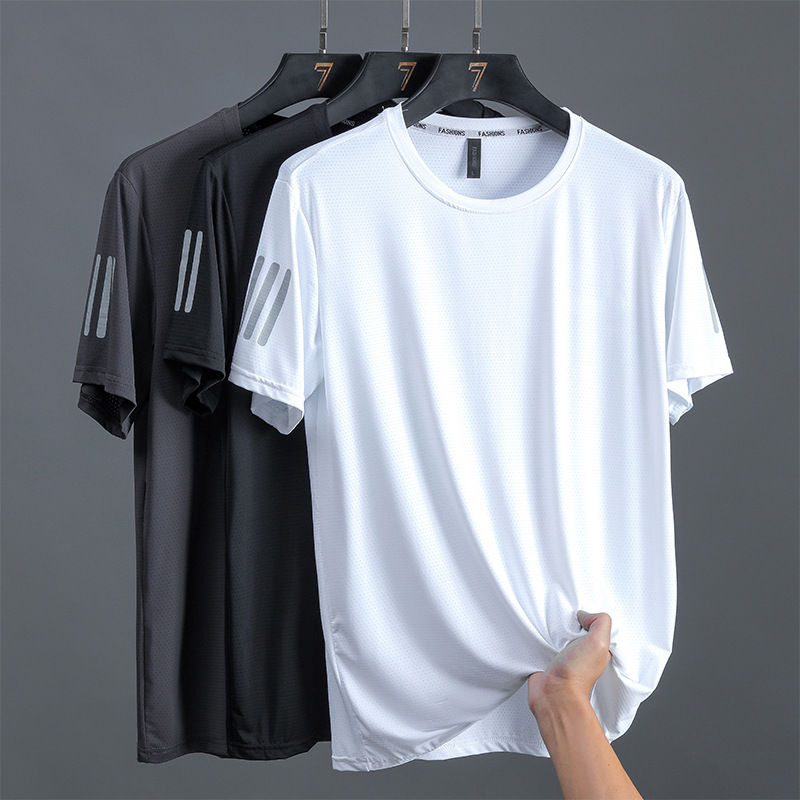 Summer ice silk t-shirt men's round neck quick drying short sleeved thin breathable half sleeved top men's sports trend