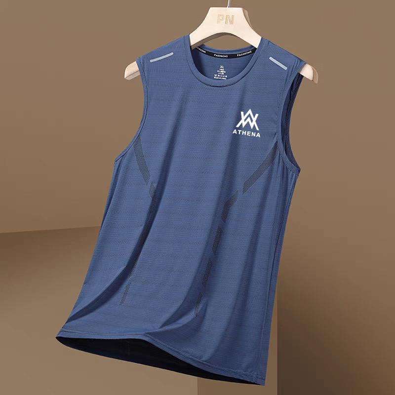 Summer Men's Ice Silk Back Breathable Heart Sports Fitness Base Shirt Wide Shoulder Training Sleeveless T-shirt Trendy