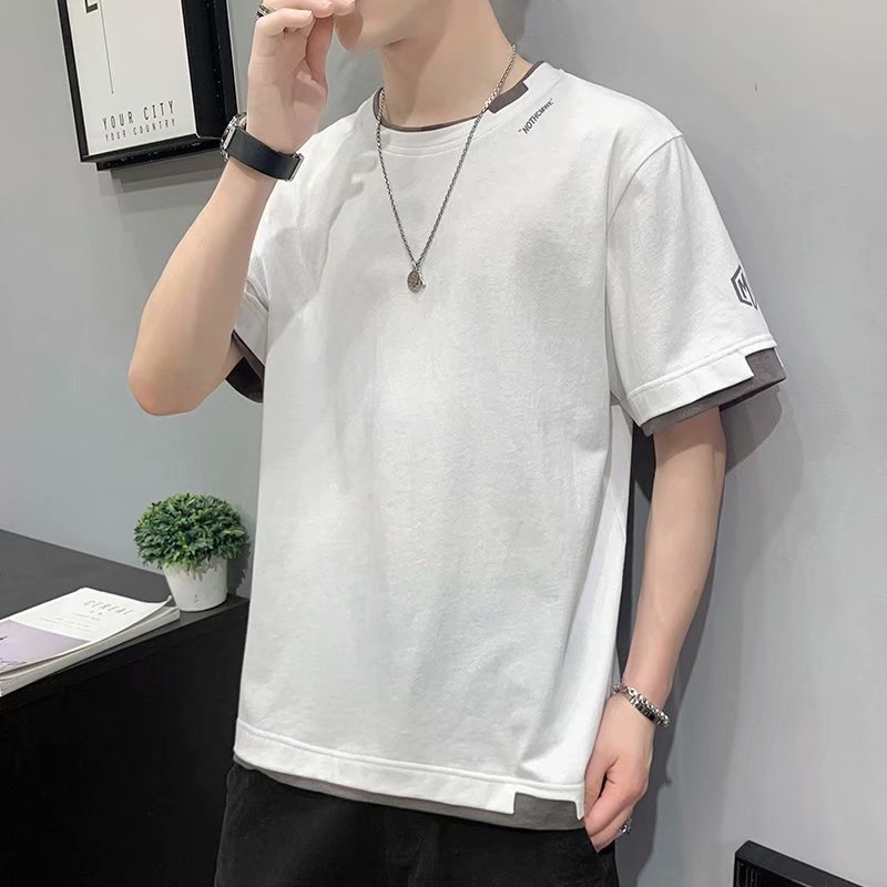 Short sleeved T-shirt men's clothing summer 2022 half sleeved fake two-piece top summer loose fit T-shirt geometric print Short sleeved T-shirt men's clothing summer 2022 half sleeved fake two-piece top summer loose fit T-shirt geometric print