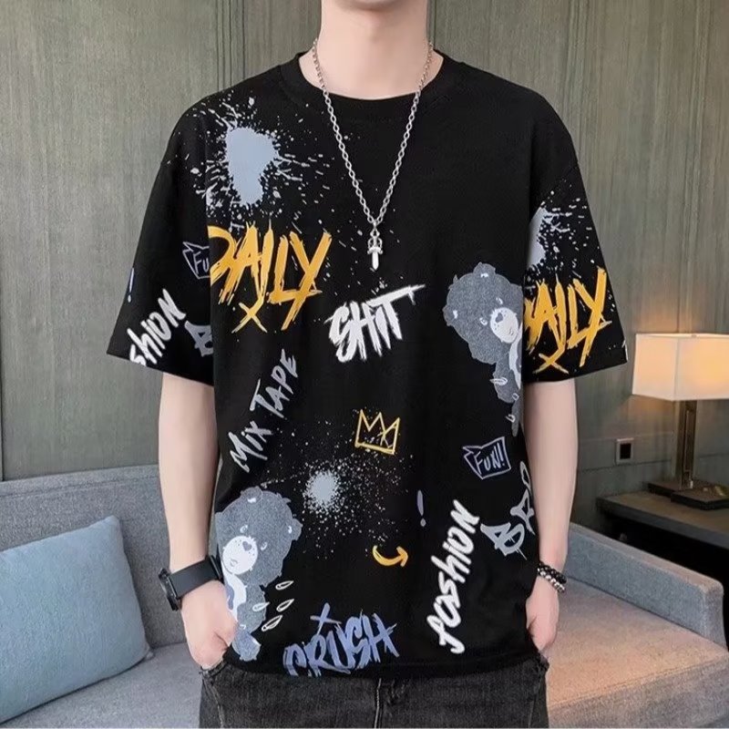 Men's short sleeved T-shirt, summer round neck half sleeved T-shirt, trendy loose T-shirt, youth printed upper garment