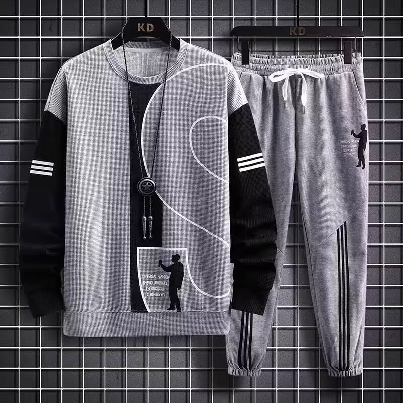 Clothing, sports and leisure suit, autumn new style, color blocking trend, Hong Kong style, loose fit, Waffle round neck hoodie Clothing, sports and leisure suit, autumn new style, color blocking trend, Hong Kong style, loose fit, Waffle round neck hoodie