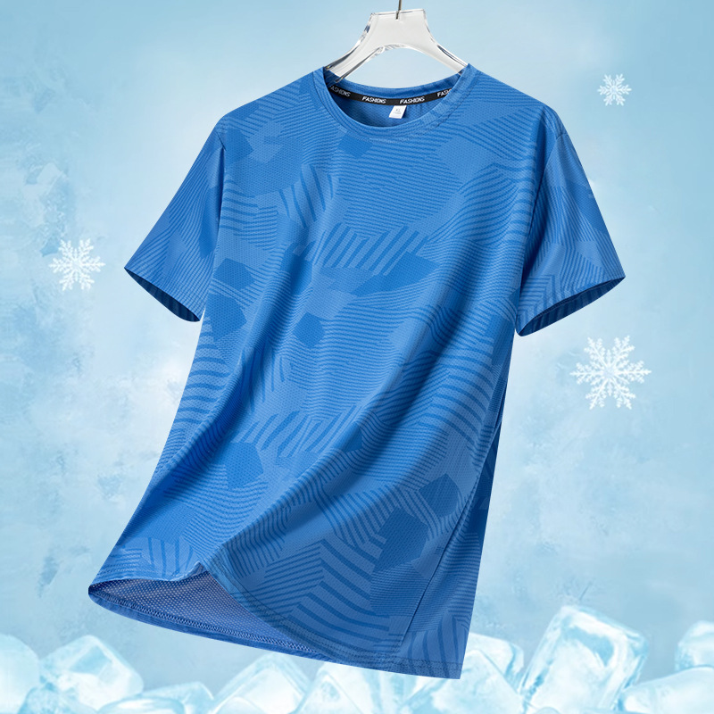 Ice silk quick drying short sleeved T-shirt for men in summer, thin, loose, breathable, cool, sporty running, round neck top for summer wear