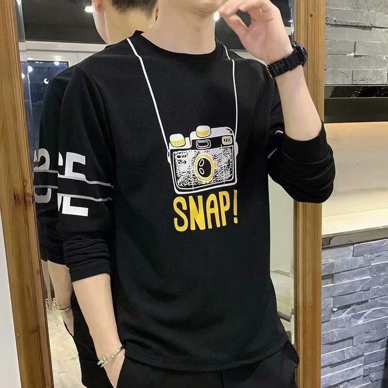 Long sleeved T-shirt men's autumn new Korean version new campus minimalist slim fit casual round neck printed trendy top Long sleeved T-shirt men's autumn new Korean version new campus minimalist slim fit casual round neck printed trendy top