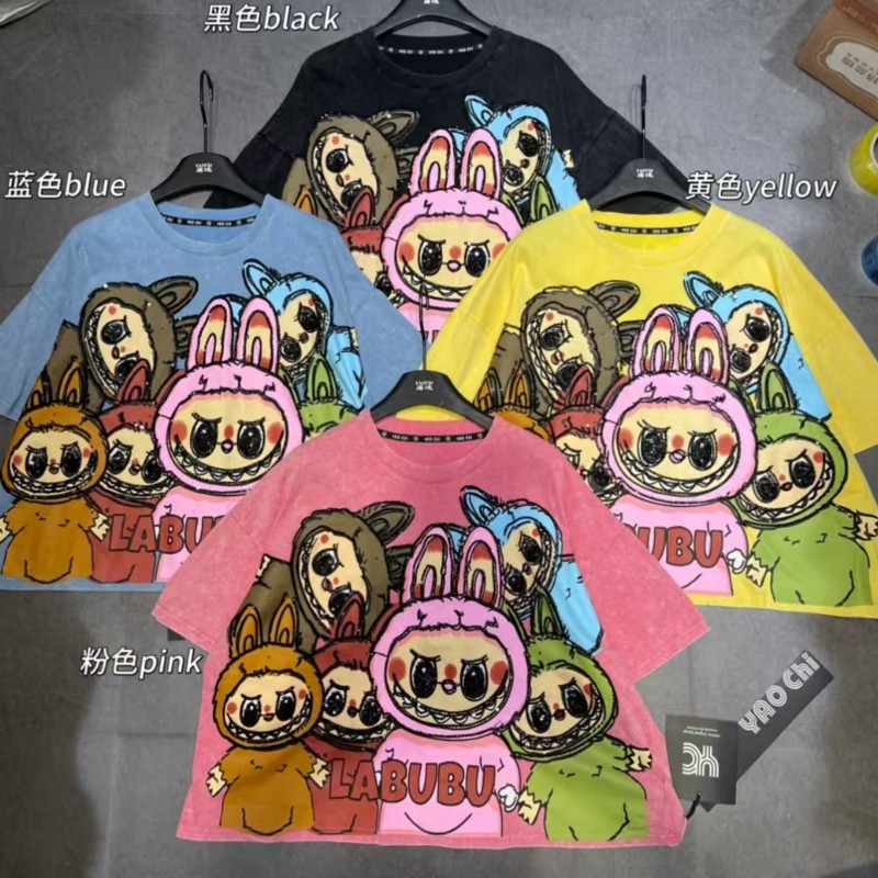2025 Spring/Summer New Sweet Age Reducing Washed Cartoon Labubu Small Loose Casual Short Sleeve T-shirt for Women's Trendy