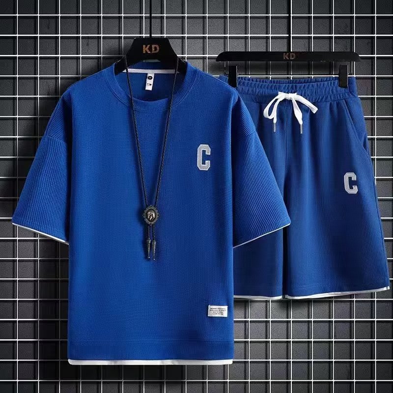 Sports suit men's summer loose casual short sleeved shorts waffle youth student clothes Sports suit men's summer loose casual short sleeved shorts waffle youth student clothes