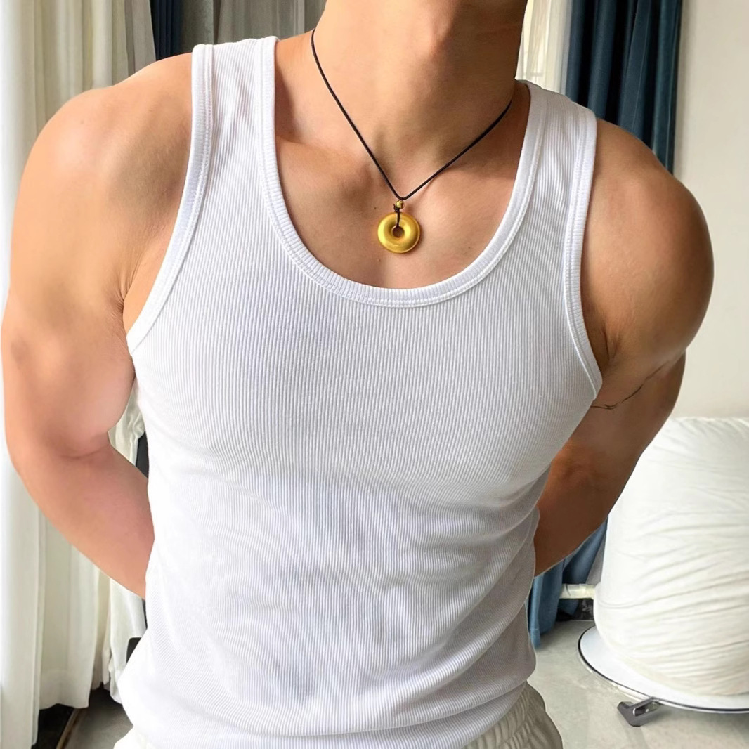 American solid color threaded vest men's white base t-shirt sleeveless camisole tight and versatile fitness vest