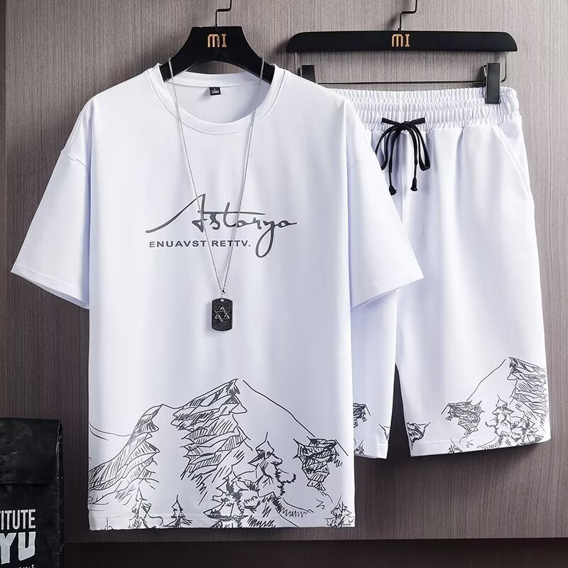 Printed summer trendy short sleeved T-shirt set for men's sports two-piece set, summer T-shirt quick drying loose basketball Printed summer trendy short sleeved T-shirt set for men's sports two-piece set, summer T-shirt quick drying loose basketball