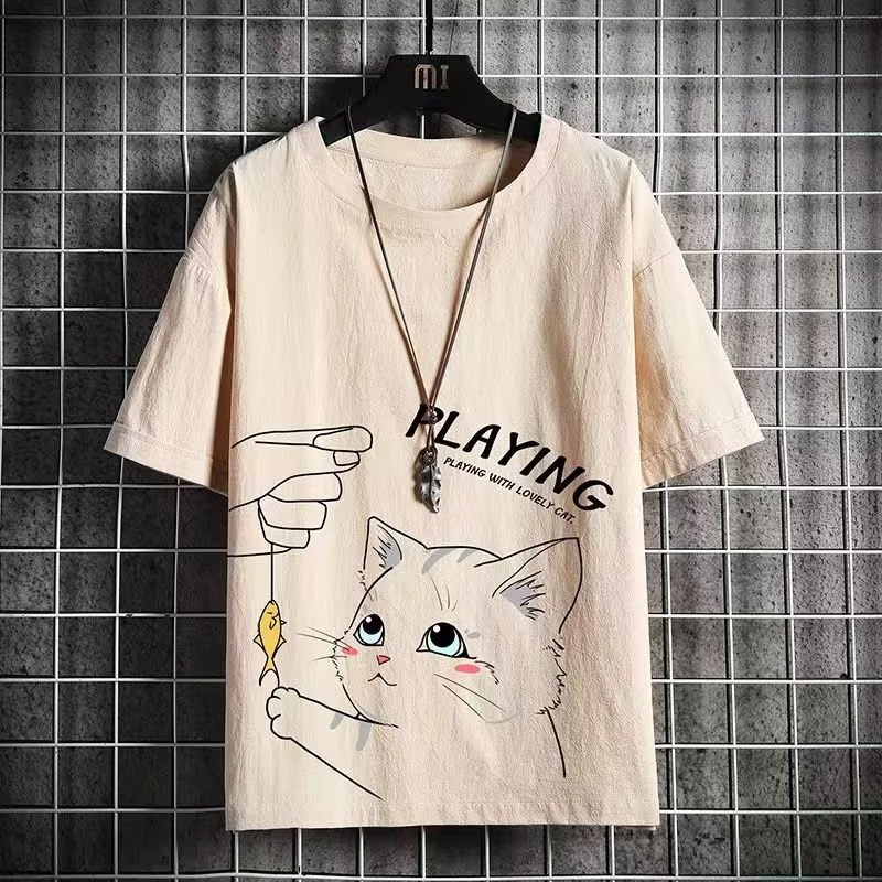 Summer ice silk trend Korean version loose five quarter sleeve student short sleeved T-shirt men's Japanese base shirt