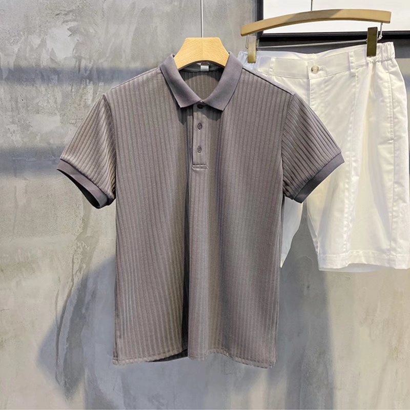 Business polo shirt, striped silk polo shirt, short sleeved trendy brand, summer top, men's T-shirt, lapel Business polo shirt, striped silk polo shirt, short sleeved trendy brand, summer top, men's T-shirt, lapel