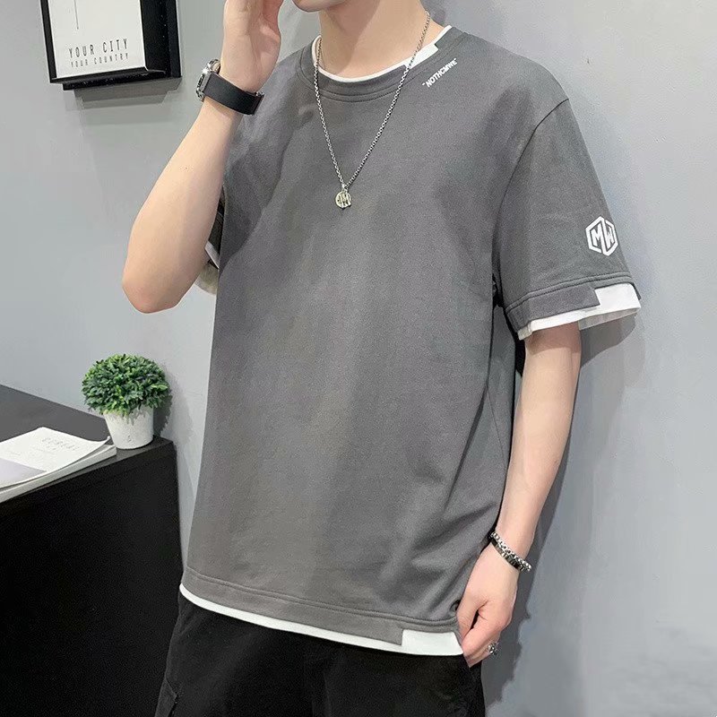 Short sleeved T-shirt men's clothing summer 2022 half sleeved fake two-piece top summer loose fit T-shirt geometric print Short sleeved T-shirt men's clothing summer 2022 half sleeved fake two-piece top summer loose fit T-shirt geometric print
