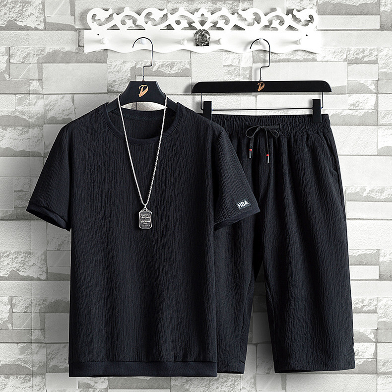 Ice silk short sleeved T-shirt men's summer thin Korean version ant wrinkled handsome casual versatile sports suit