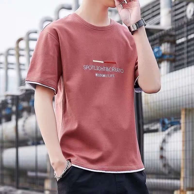 Summer printed short sleeved t-shirt men's trendy brand loose fake two piece trendy versatile half sleeved student top