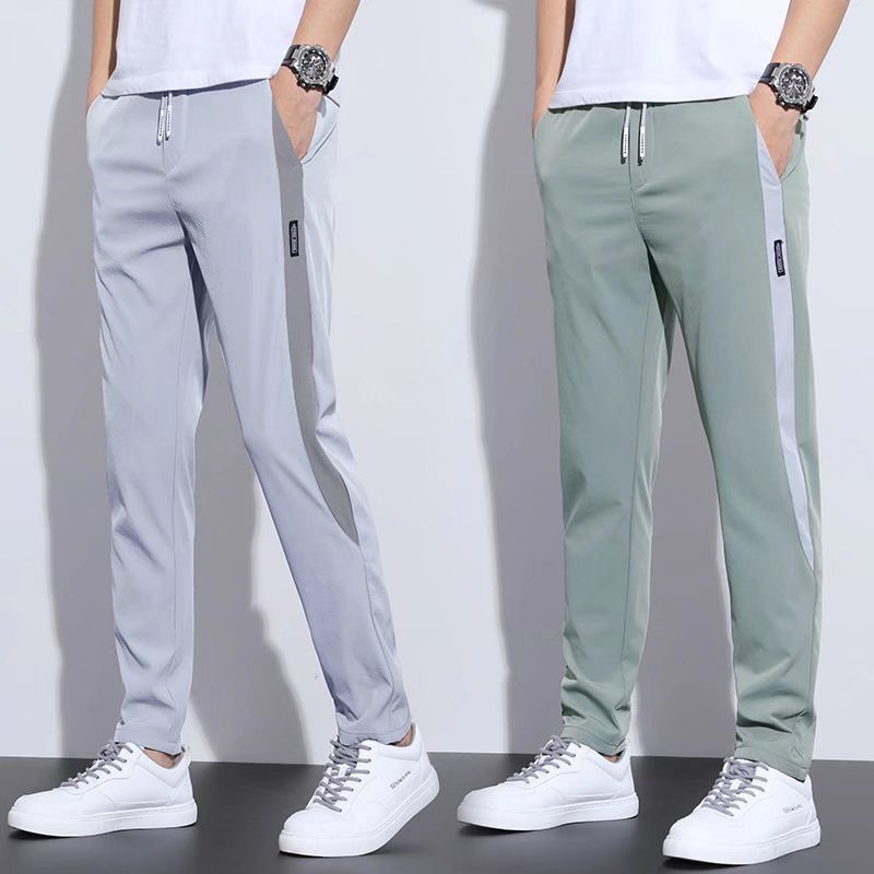 Casual pants for men in summer, new four sided elastic thin ice silk straight leg pants, light business splicing Korean version slim fit pants