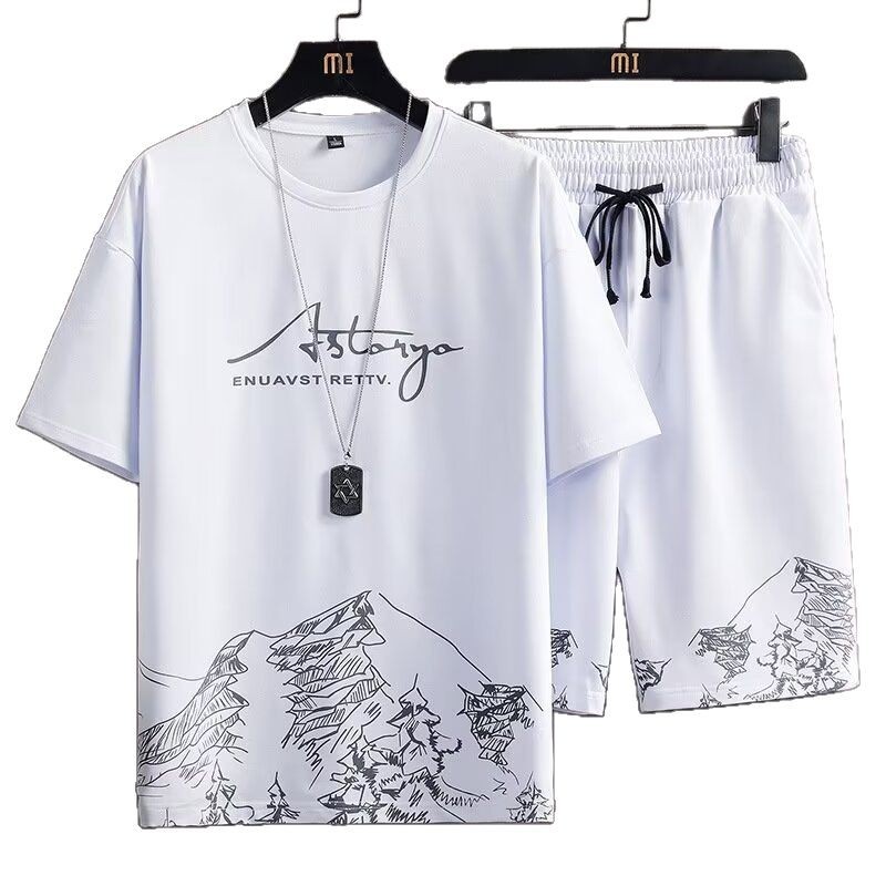 Printed summer trendy short sleeved T-shirt set for men's sports two-piece set, summer T-shirt quick drying loose basketball Printed summer trendy short sleeved T-shirt set for men's sports two-piece set, summer T-shirt quick drying loose basketball