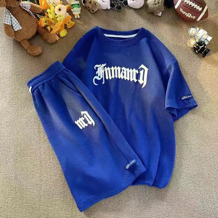 2023 Summer Men's Short Sleeve T-shirt Breathable Waffle Heavy Half Sleeve Youth T-shirt Undercover Shorts Set