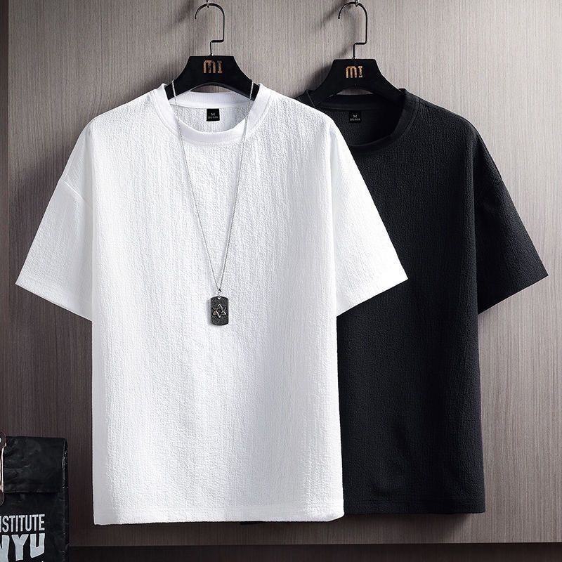 New Half Sleeve T-shirt Cotton Linen Short Sleeve T-shirt for Men Summer Solid Color Loose Bottom Shirt White