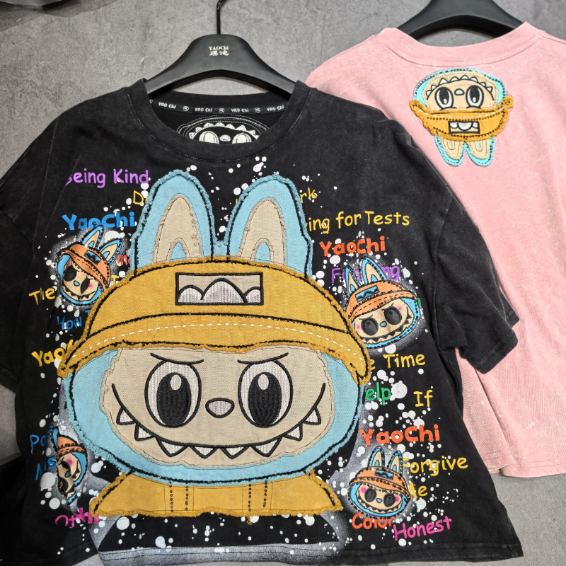 2025 Top selling Labubu Small and Skinny T Couple Cute Male and Female Heavy Industry Extra Large Bead Embroidered Short Sleeve 2025 Top selling Labubu Small and Skinny T Couple Cute Male and Female Heavy Industry Extra Large Bead Embroidered Short Sleeve