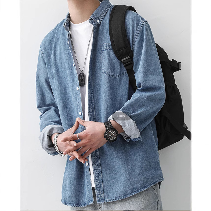 Autumn men's long sleeved trendy versatile men's solid color shirt casual workwear shirt loose and fashionable