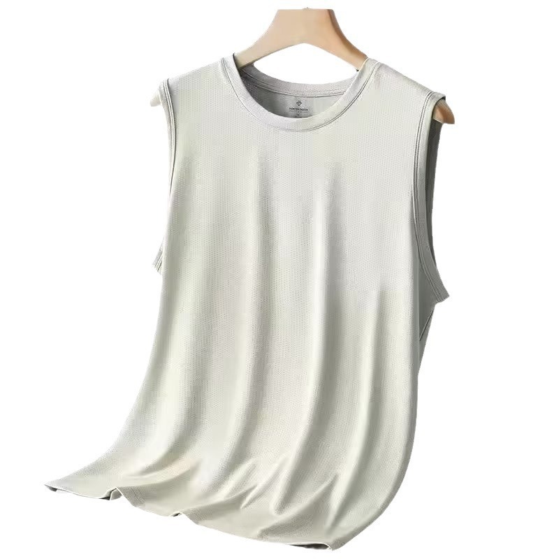 Thin ice silk vest for men in summer, loose fit, oversized mesh, breathable, sports, fitness, quick drying, sleeveless T-shirt trendy