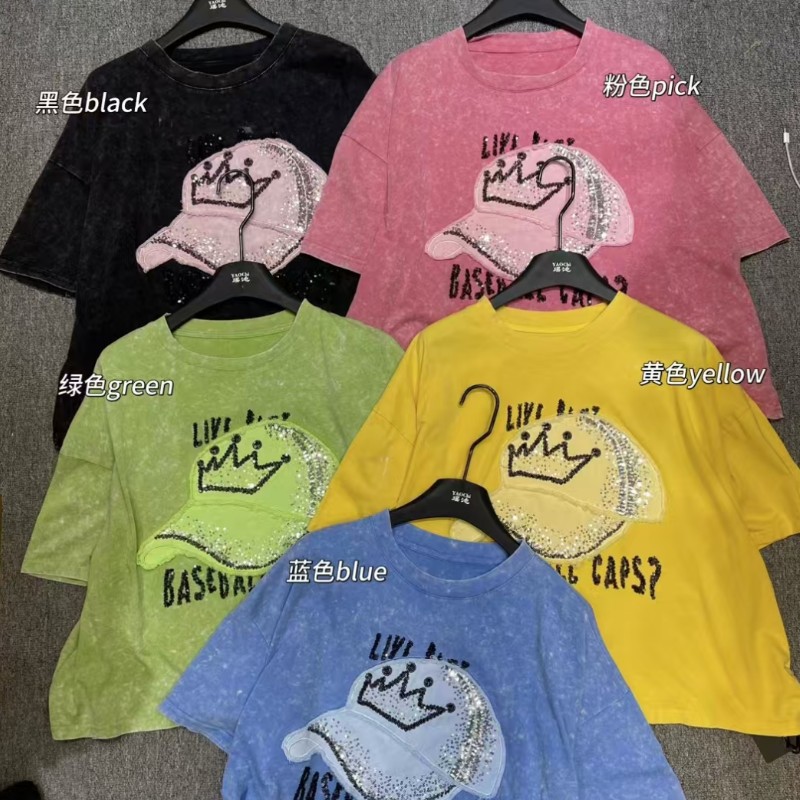 New Cross border European Size Washed Used Shirt for Foreign Trade, Loose Large Edition Short sleeved T-shirt for Women, 25 Spring/Summer Color blocked Top