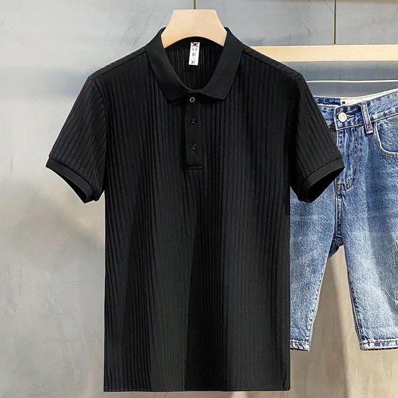 Business polo shirt, striped silk polo shirt, short sleeved trendy brand, summer top, men's T-shirt, lapel Business polo shirt, striped silk polo shirt, short sleeved trendy brand, summer top, men's T-shirt, lapel