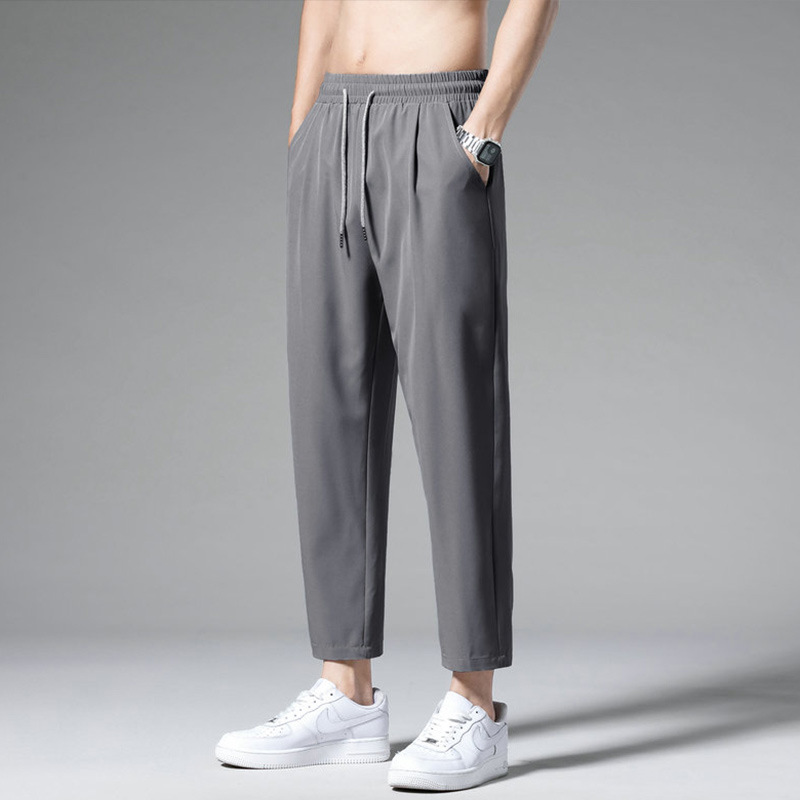 Clothing straight tube ice silk pants for boys, nine out of ten trendy and hanging casual pants, summer thin and wide leg pants
